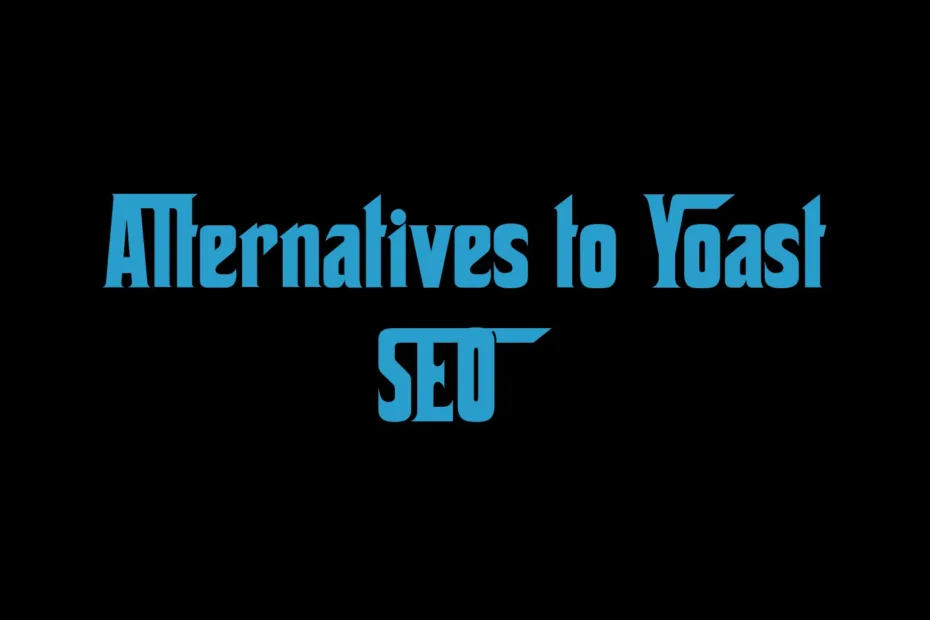 A laptop screen showing various WordPress SEO plugin logos for alternatives to Yoast SEO.
